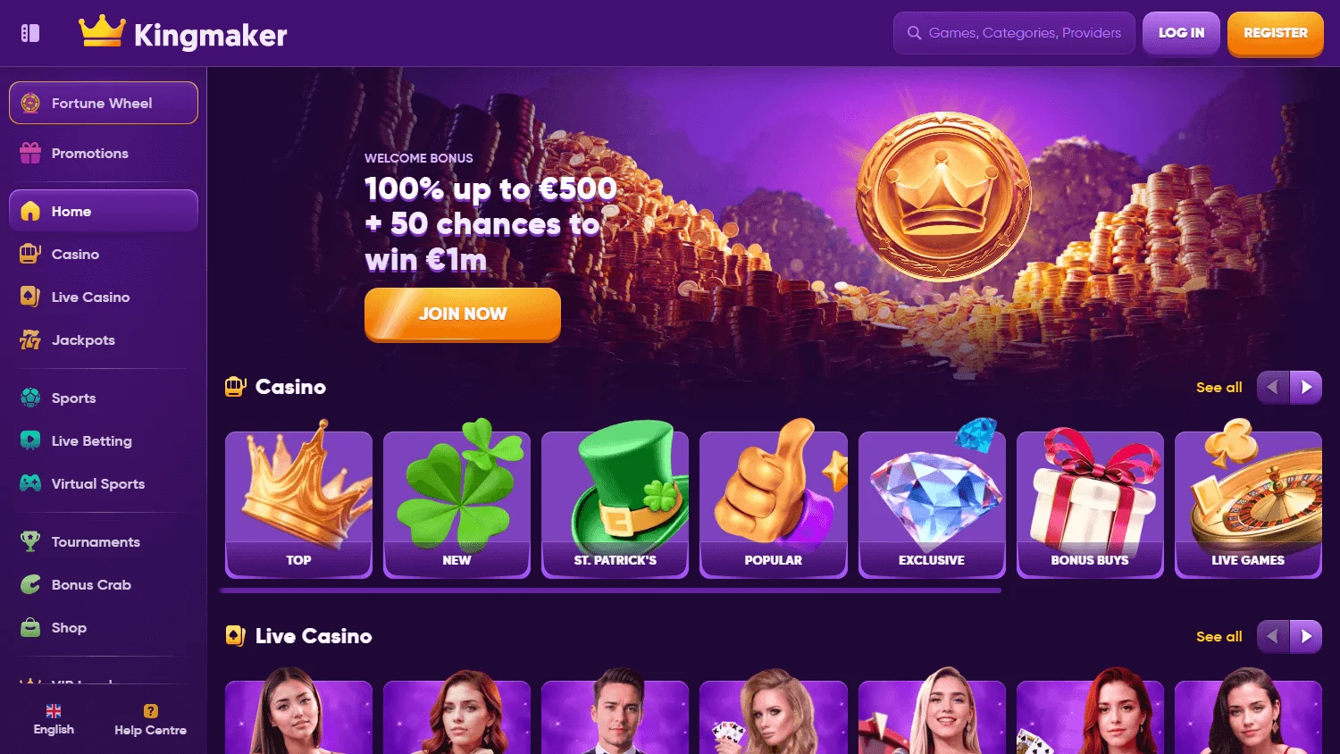 King Maker Casino desktop home view with casino and sportsbook access