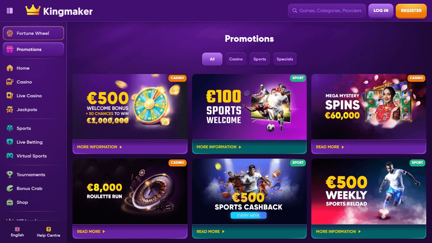 King Maker Casino desktop promotions view with bonuses and free spins