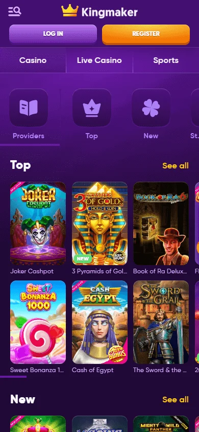 King Maker Casino mobile browser games view on a phone