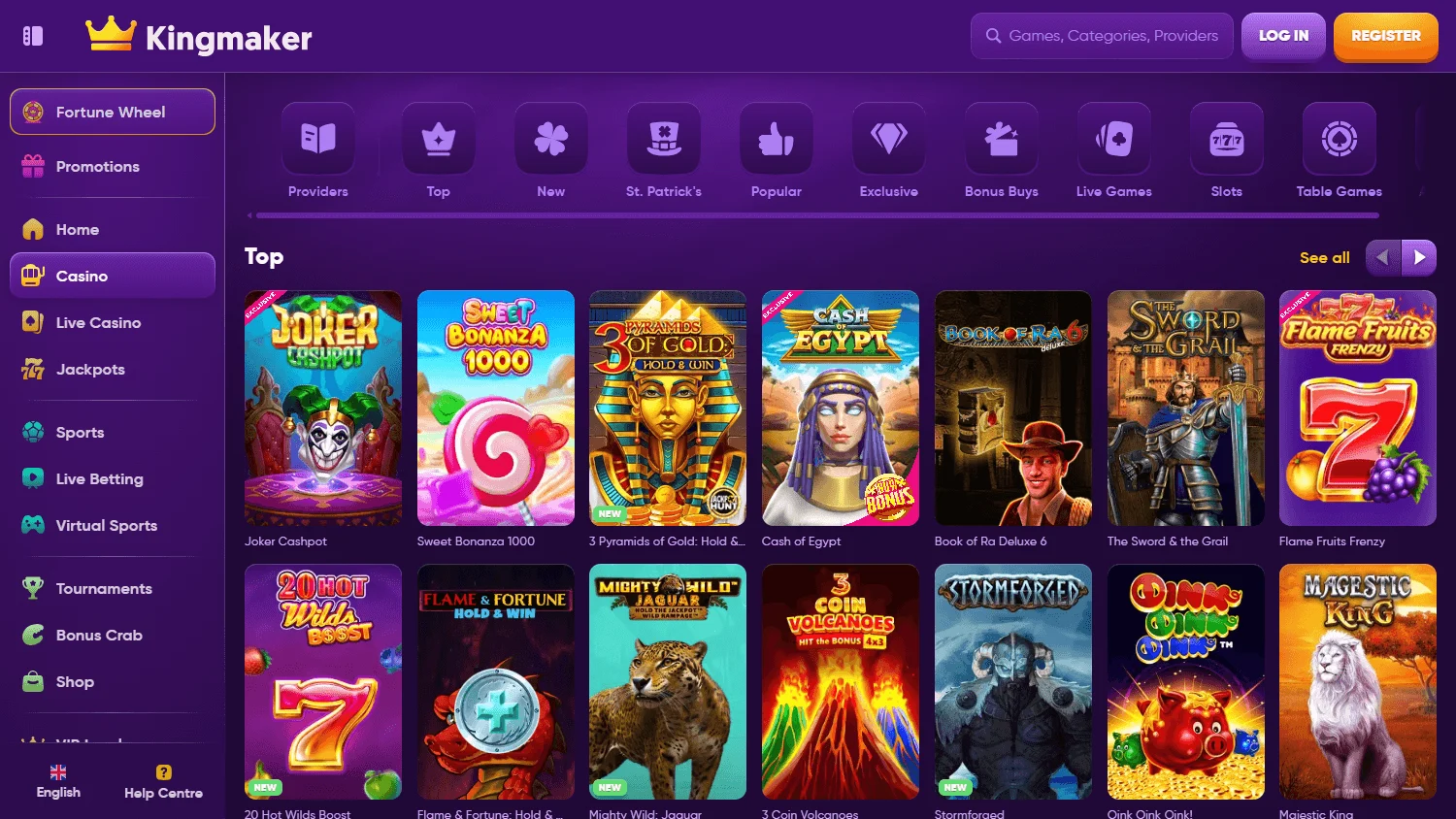 King Maker Casino desktop games view with casino categories