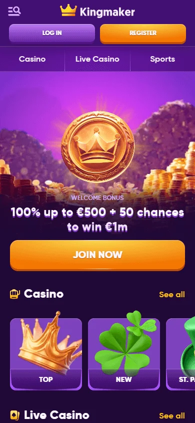 King Maker Casino mobile browser home view on a phone