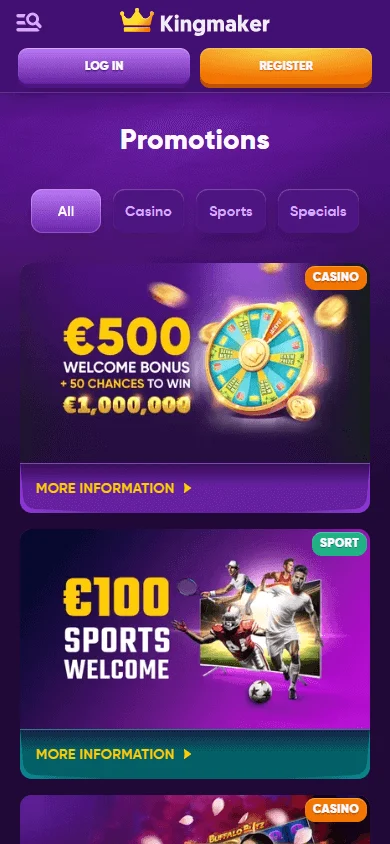 King Maker Casino mobile browser promotions view on a phone